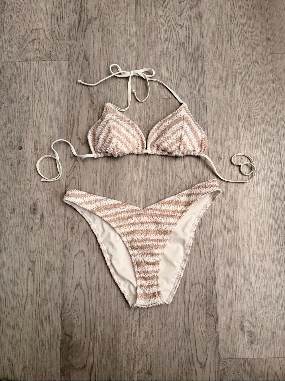Tan Striped Crochet Bikini Set